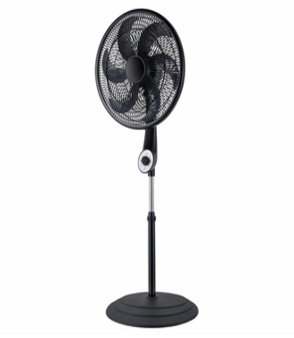black pedestal fan with a rotary knob